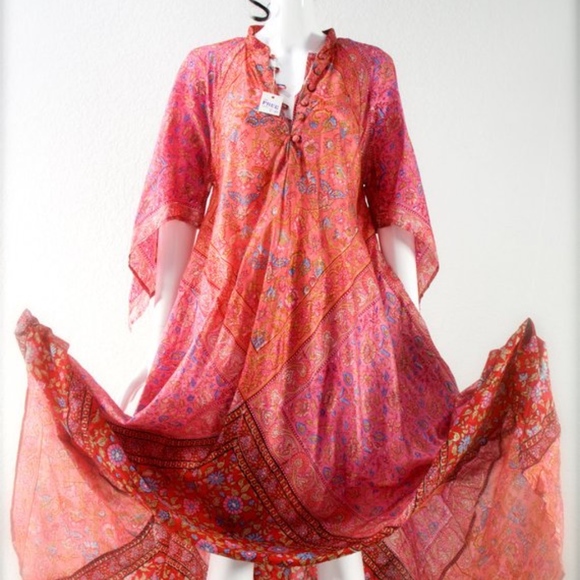 1970's India Hand Blocked Long Caftan Maxi Dress - Picture 3 of 5